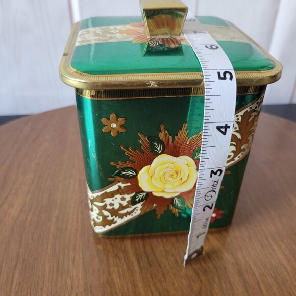 Vintage1970’s Square Green/Gold Barret Tin Canister, Made in England, Floral - Picture 6 of 7